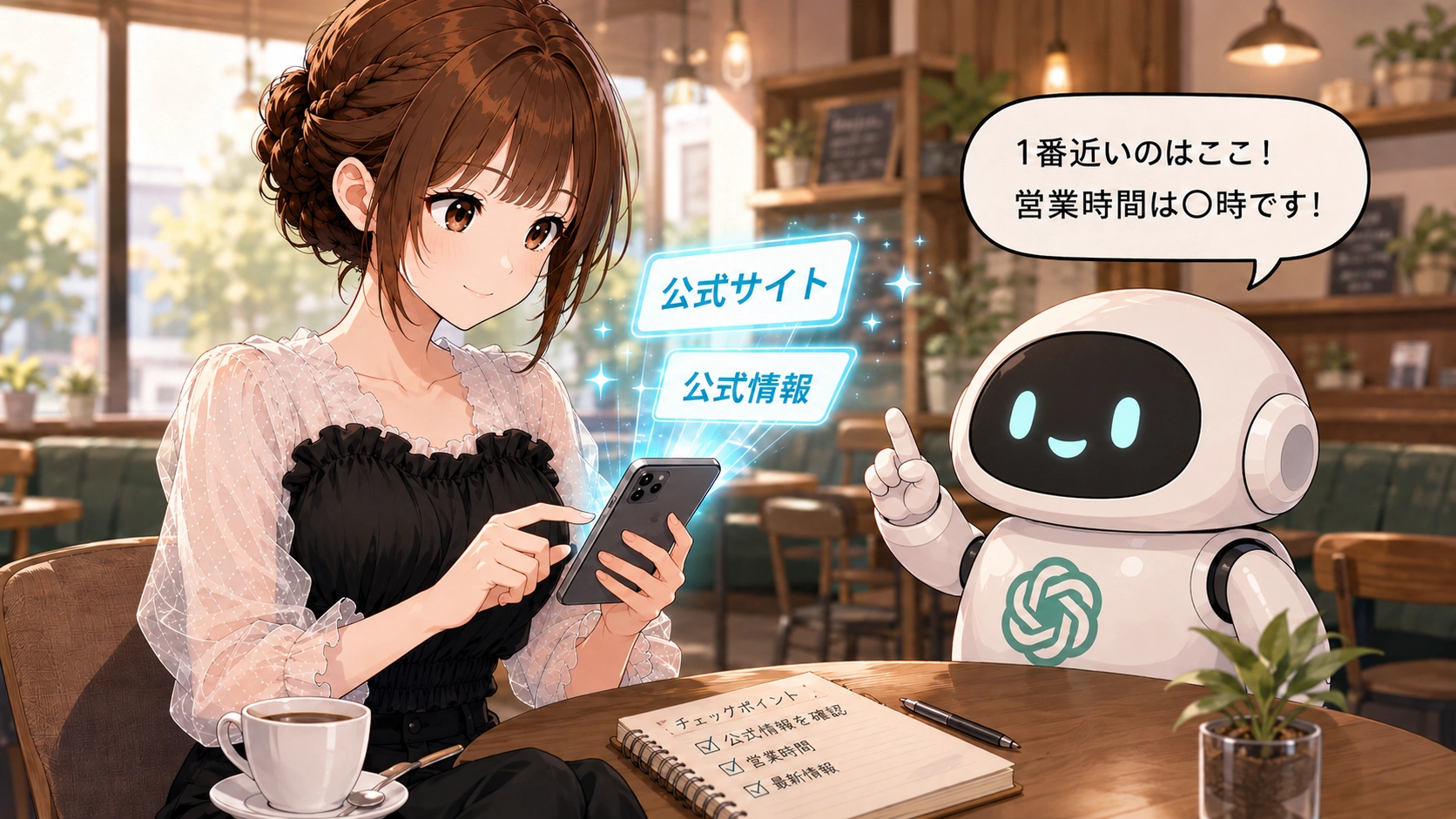 ChatGPTで調べた後に、公式サイトや営業時間などの公式情報を確認する大切さを説明するイラスト。