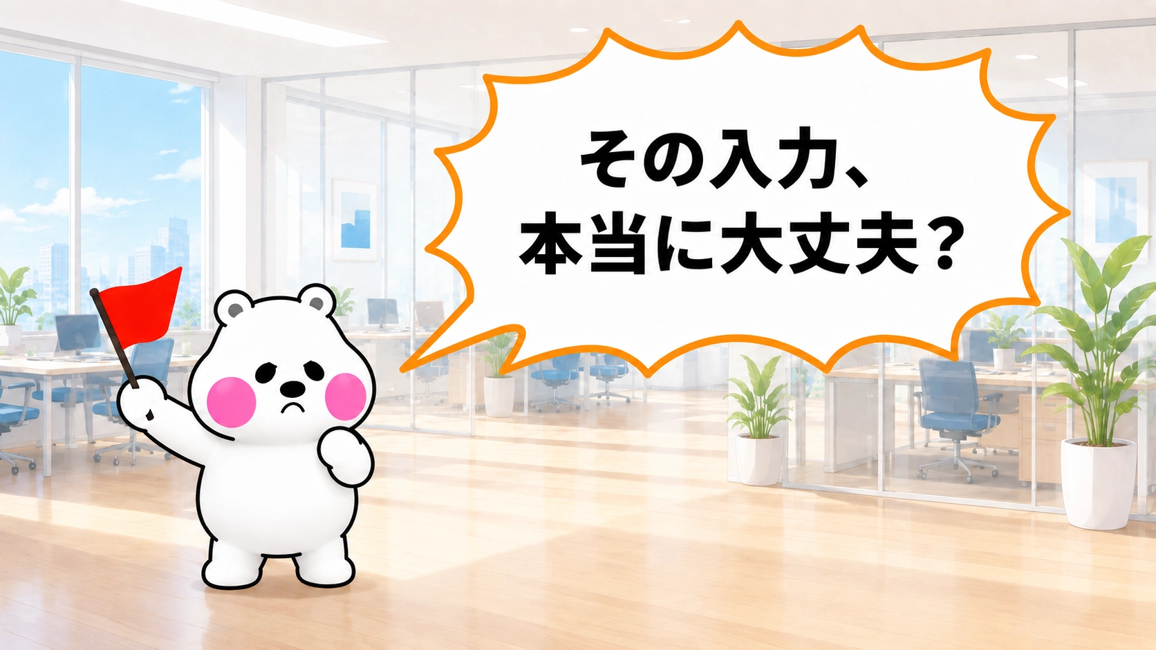ミフオが赤い旗を掲げ「その入力、本当に大丈夫？」とギザギザ吹き出しで注意を促す画像