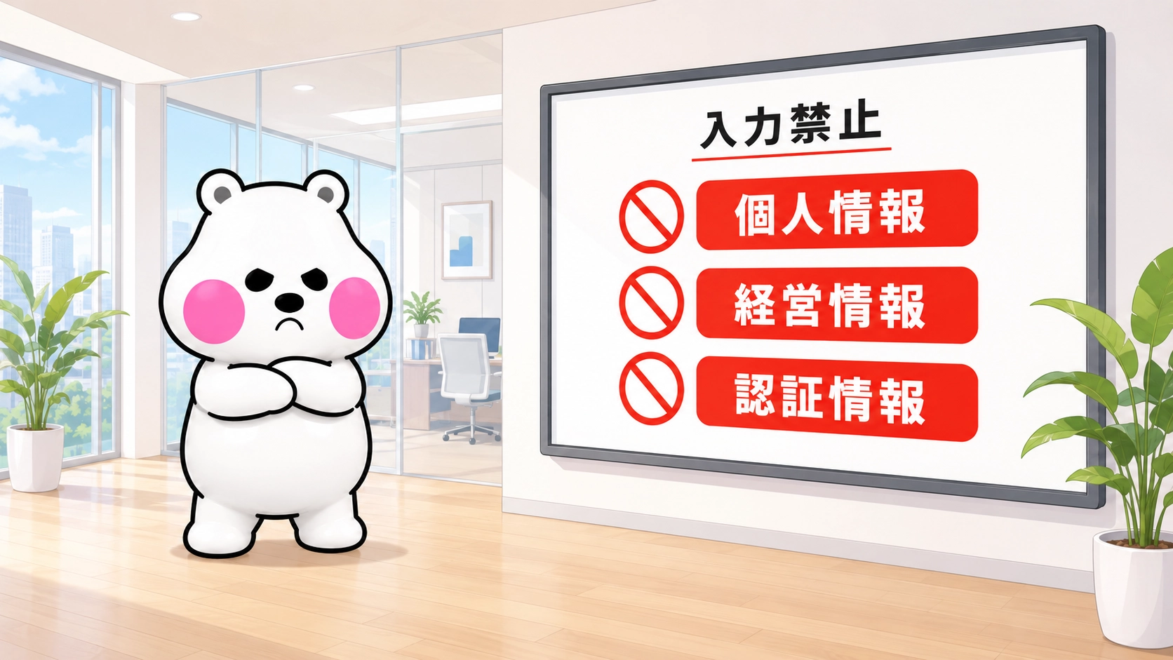 ミフオがホワイトボードでChatGPTへの入力禁止情報（個人情報・経営情報・認証情報）を示している画像