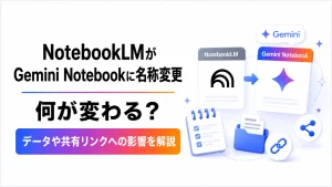 NotebookLMがGemini Notebookへ名称変更される概要と、データや共有リンクへの影響を解説する記事のアイキャッチ画像。