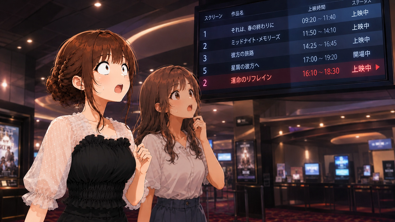 映画館の上映スケジュールを見て、ChatGPTの案内した時間と違うことに気付き驚くさくらこと友人