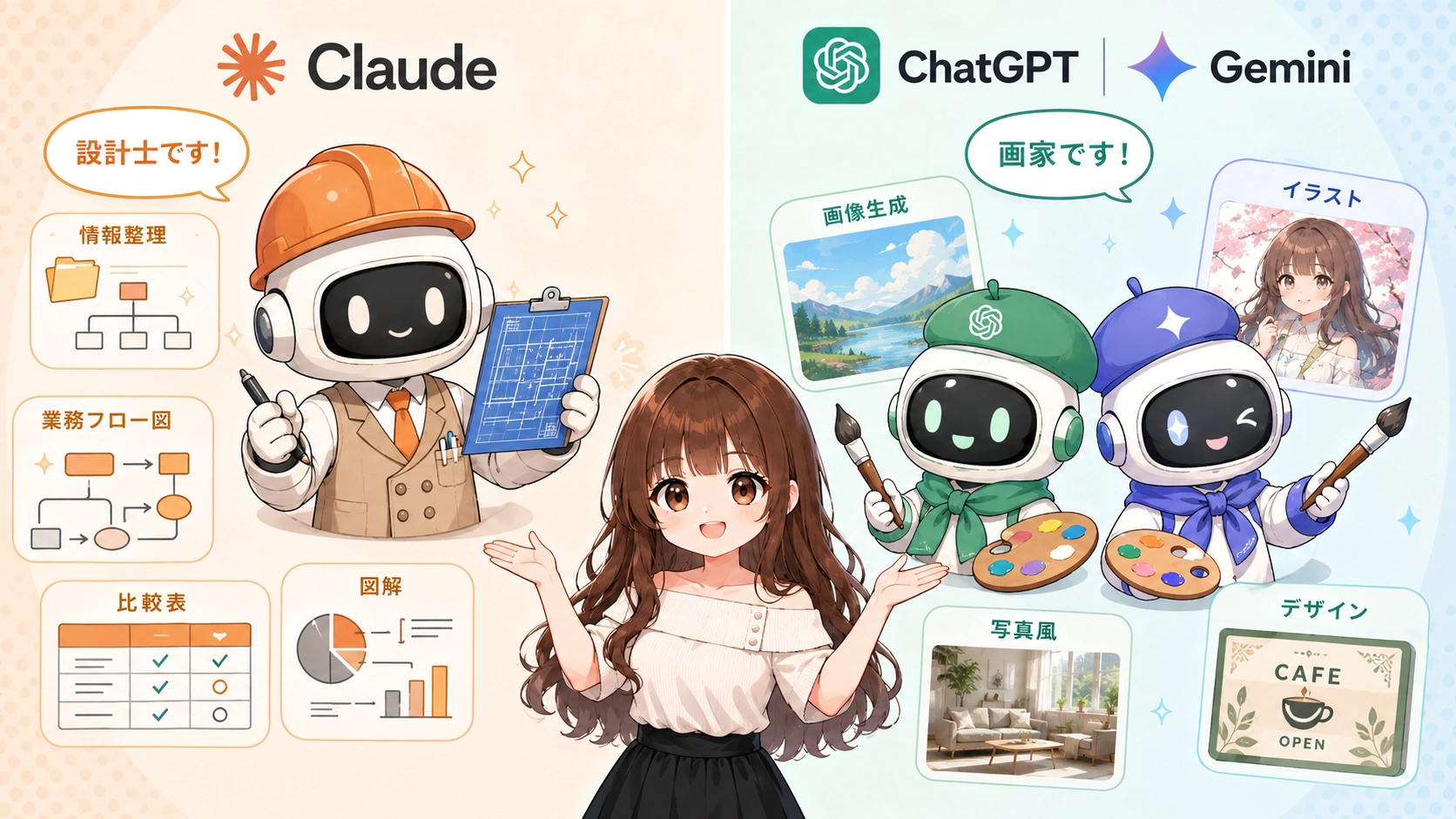 Claudeは設計士、ChatGPTやGeminiは画家として、図解作成と画像生成の役割の違いを説明するイラスト。