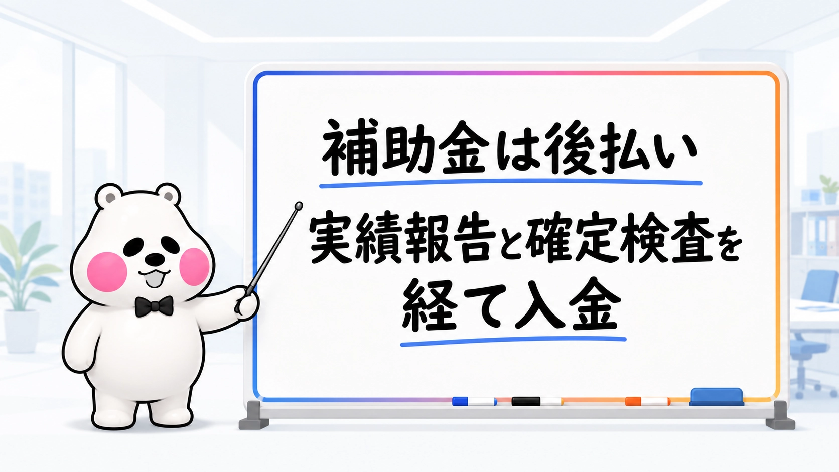 補助金は後払いで実績報告と確定検査を経て入金されると伝えるミフオの図
