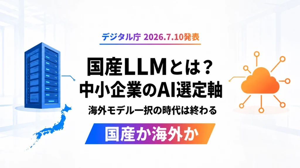 国産LLMと海外モデルの選択肢を国内サーバーとクラウドの対比で示したAXメディアのアイキャッチ画像