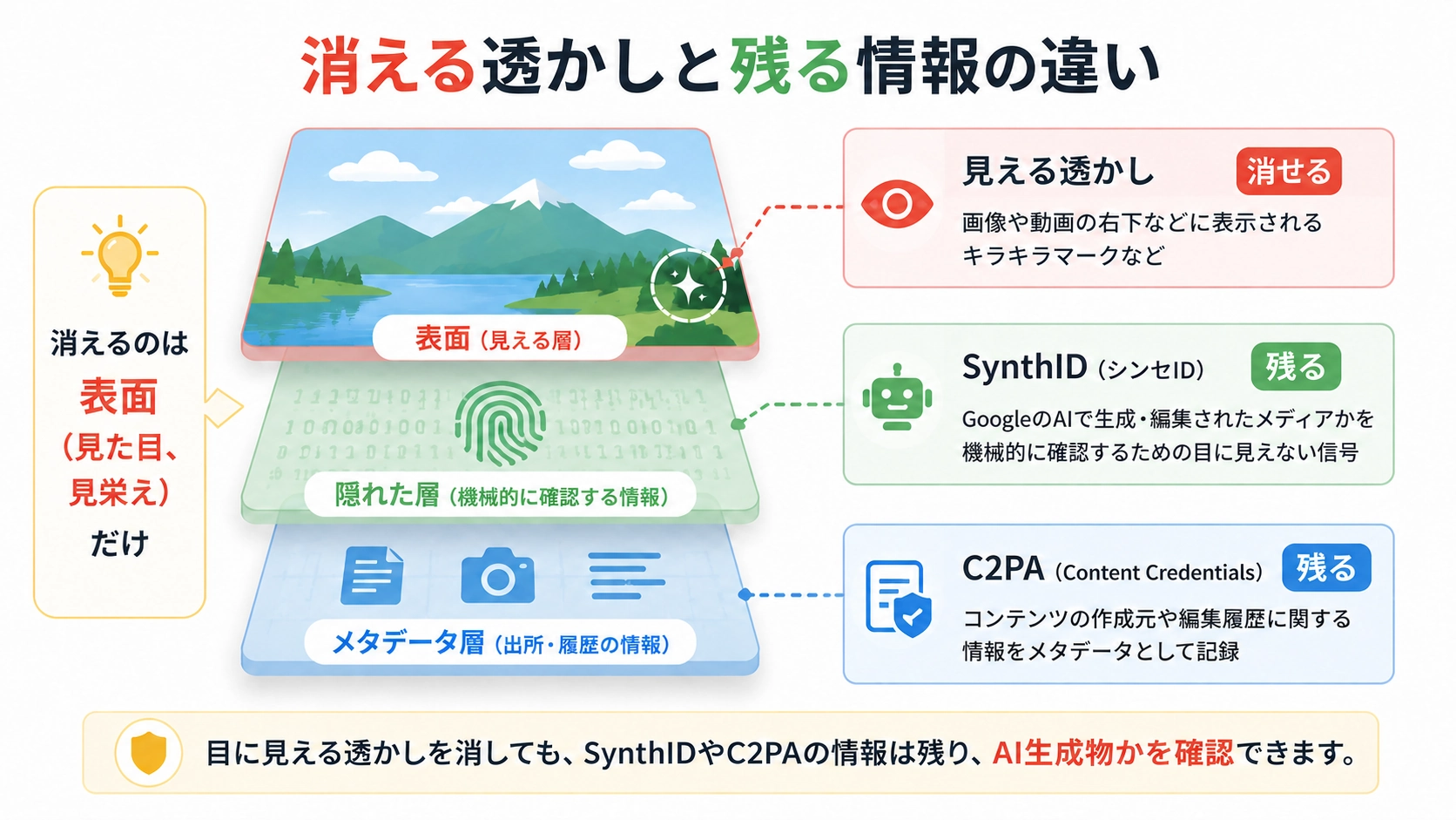 Geminiの見える透かしは消せる一方、SynthIDとC2PAの情報は残る違いを3層で示した図解