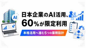 日本企業のAI活用について、60％が限定利用にとどまる状況と、本格活用へ進む5つの業務設計を紹介するアイキャッチ画像