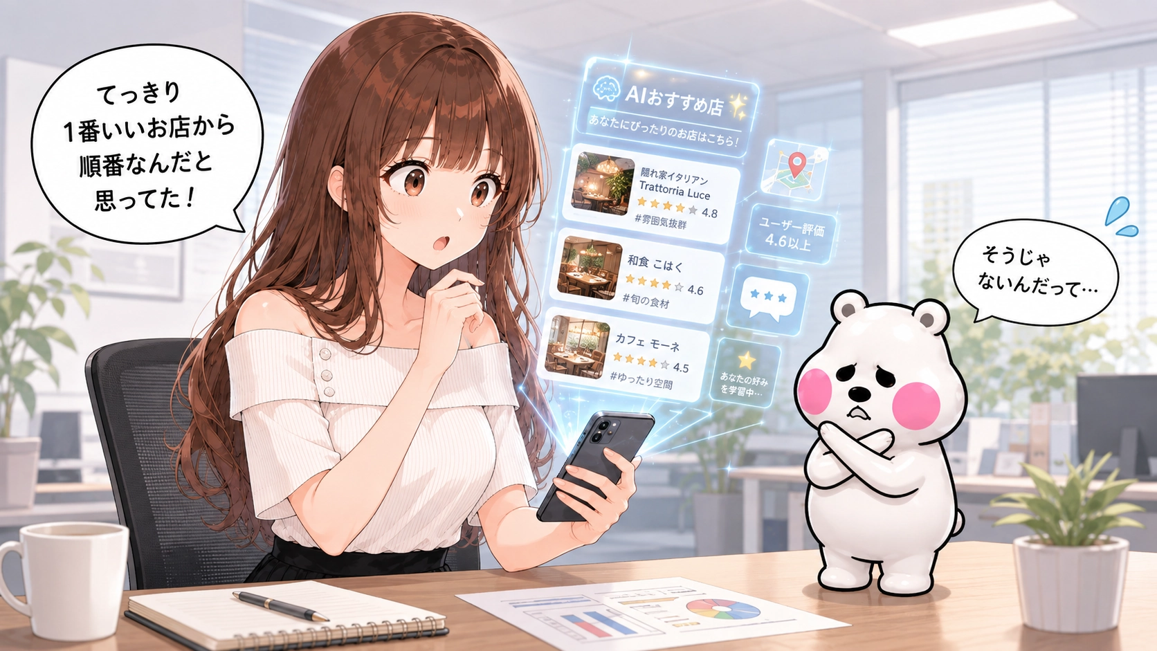 スマホに表示されたAIおすすめ店を見て、良い店から順番だと思っていたことに驚くさくらことミフオ
