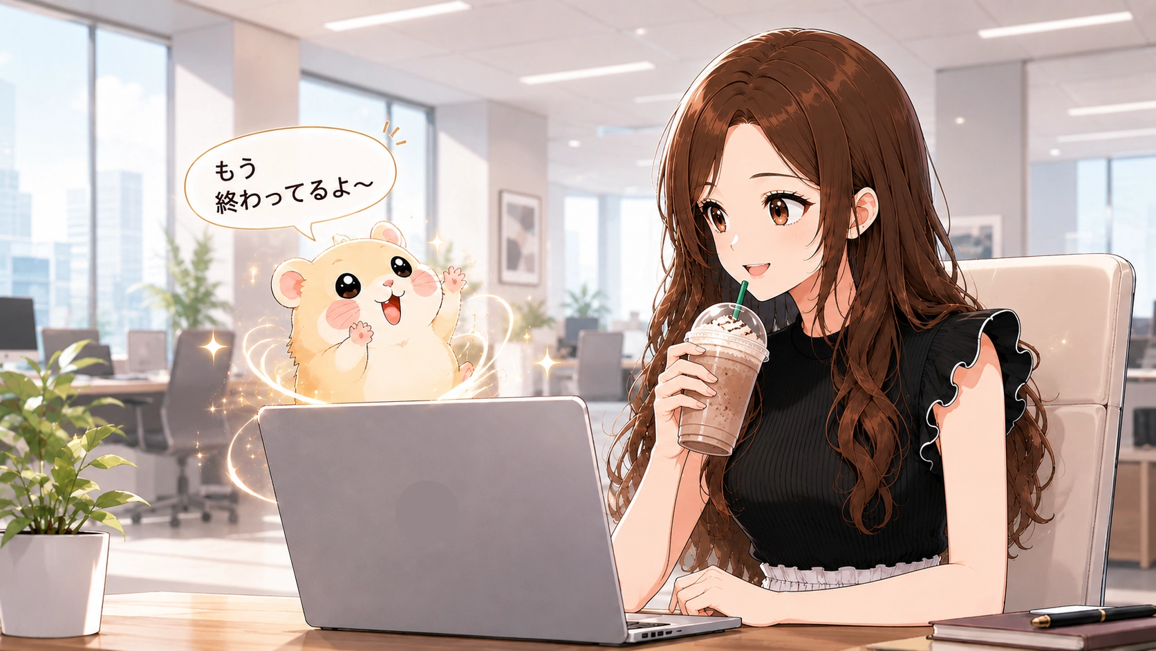 作業完了後、ハムスター型Codex Petが「もう終わってるよ〜」と知らせ、フラペチーノを飲みながら微笑むさくらこのイラスト。