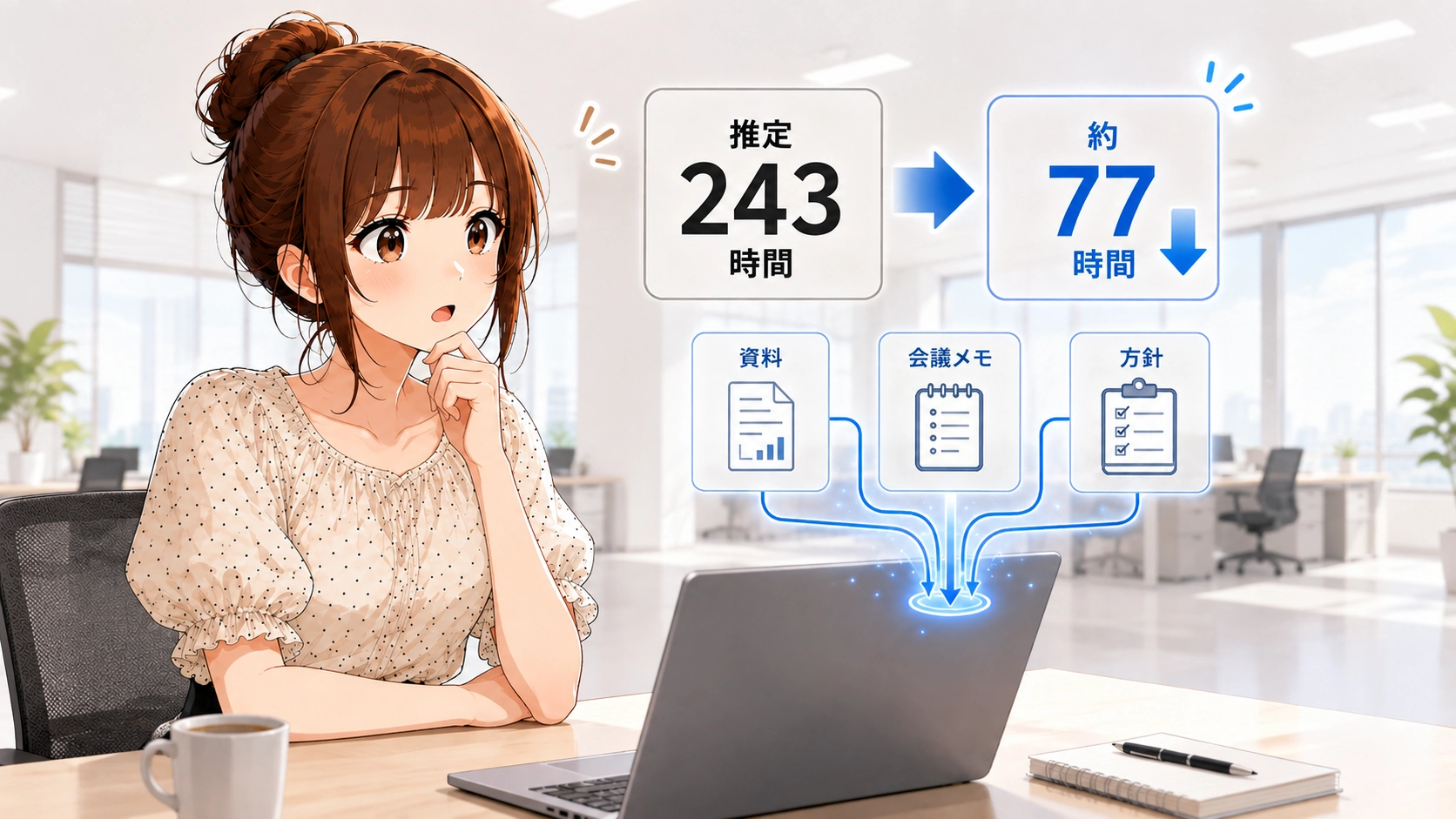 さくらこが資料・会議メモ・方針をAIへ集約し、推定243時間から約77時間へ制作時間を短縮したイメージ