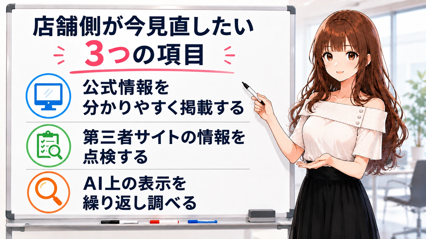 店舗側がAI検索対策として見直したい3項目を、ホワイトボードで解説するさくらこ