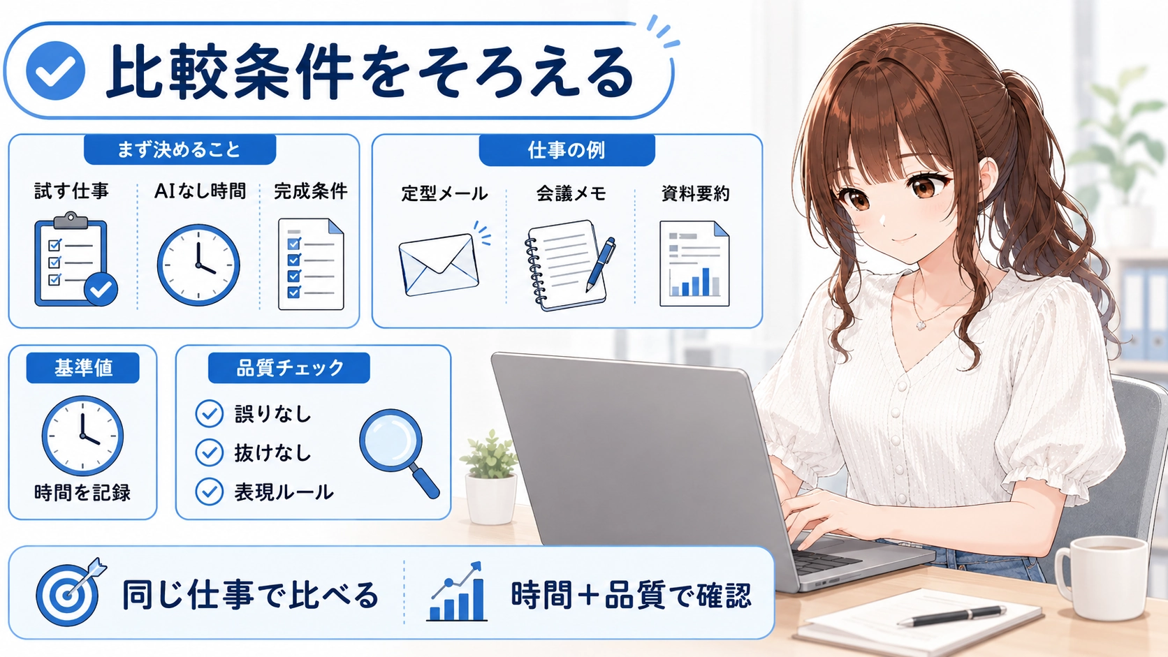 生成AIの効果測定で、試す仕事、AIなし時間、完成条件を決め、同じ仕事を時間と品質で比較する方法