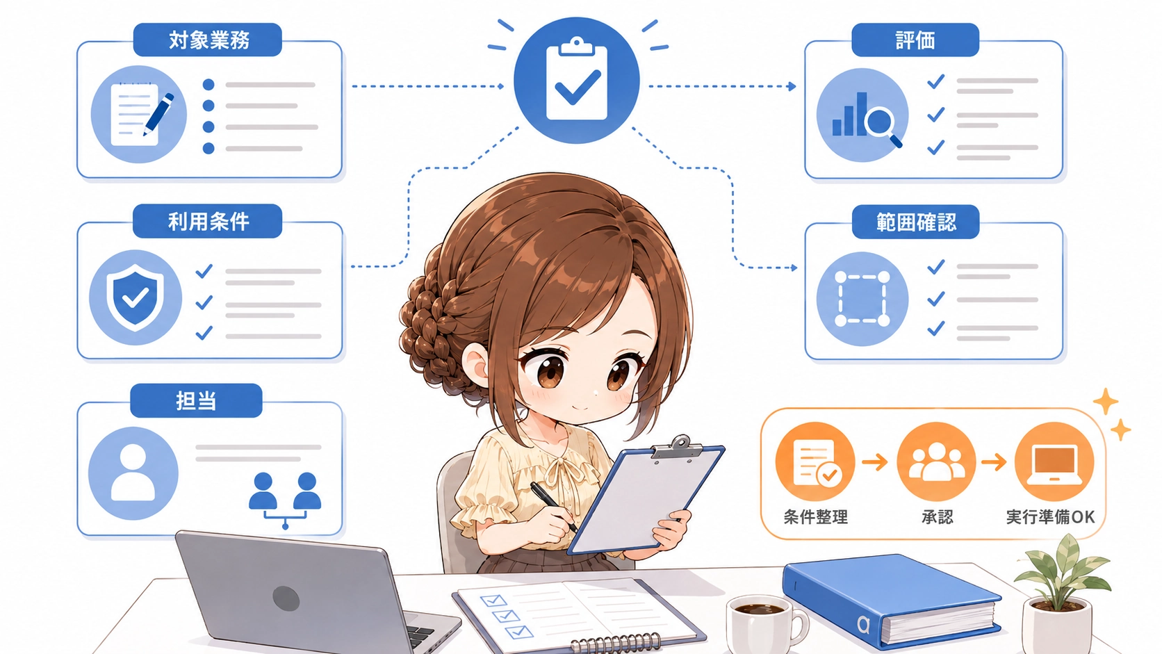 さくらこがAI PoCの対象業務、利用条件、担当、評価、範囲を確認し、実行準備を進めている図解