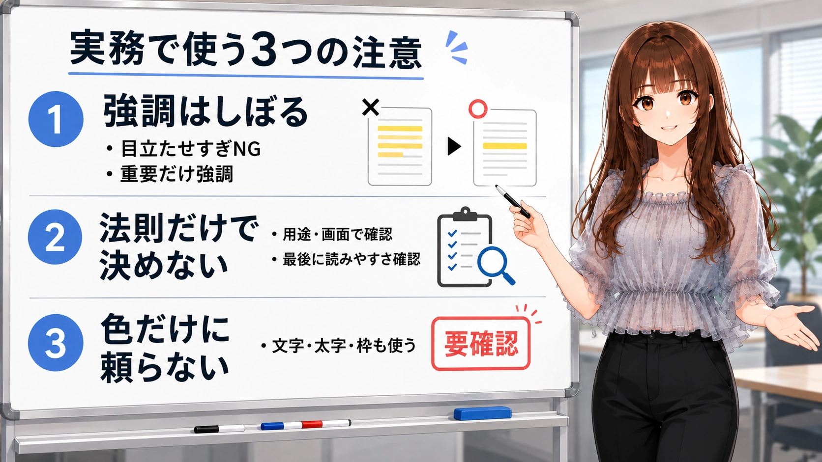 デザインの心理法則を実務で使う際の3つの注意点を、さくらこがホワイトボードで解説する図解