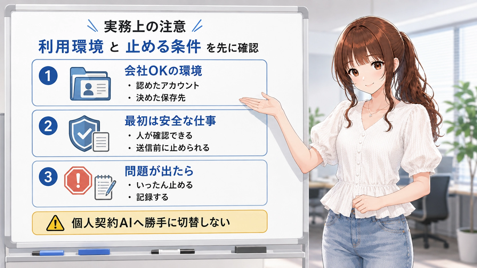 生成AIを仕事で試す前に、会社が認めた利用環境、安全な業務、問題発生時の停止条件を確認する図解