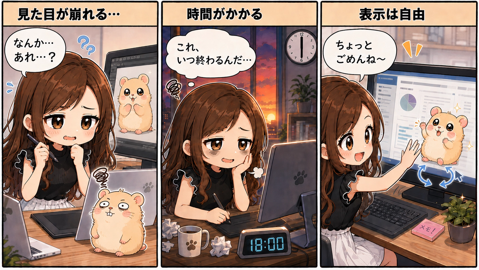 Codex Petを作成して感じた課題を3コマ漫画で紹介。見た目が崩れる、生成に時間がかかる、自由に配置できる様子を描いている。