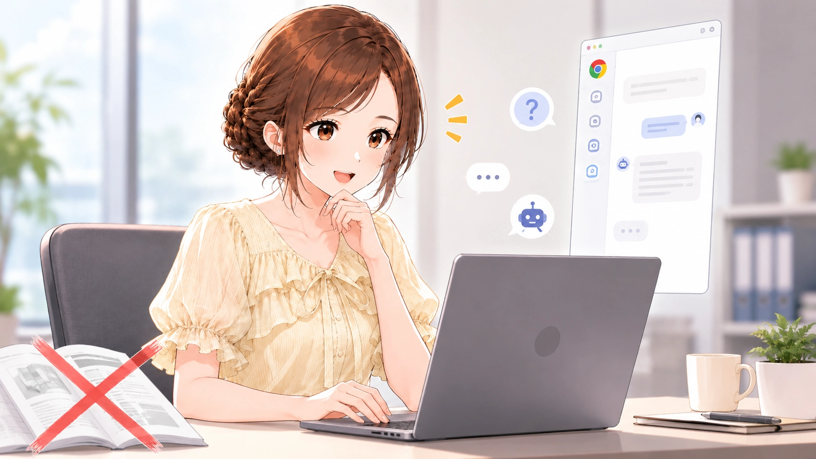 パソコンでCodexのChromeサイドパネルを使い、閲覧中のサイトについて質問するさくらこ。取扱説明書を開かずに疑問を確認する様子。