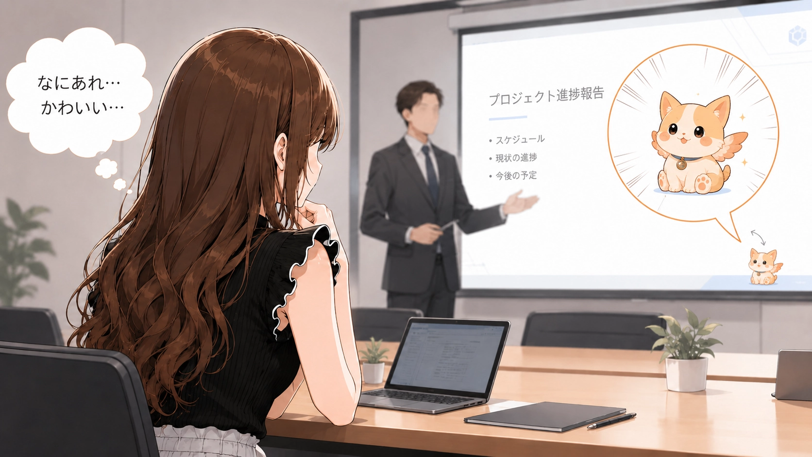 会議中、画面の隅に表示されたCodex Petを見つけて興味を持つさくらこのイラスト。