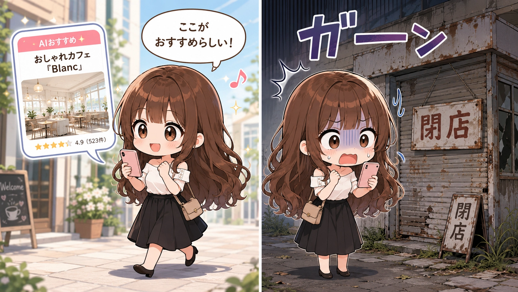 AIがおすすめしたきれいなカフェへ向かったさくらこが、実際には閉店していた店舗を見て驚く比較イラスト