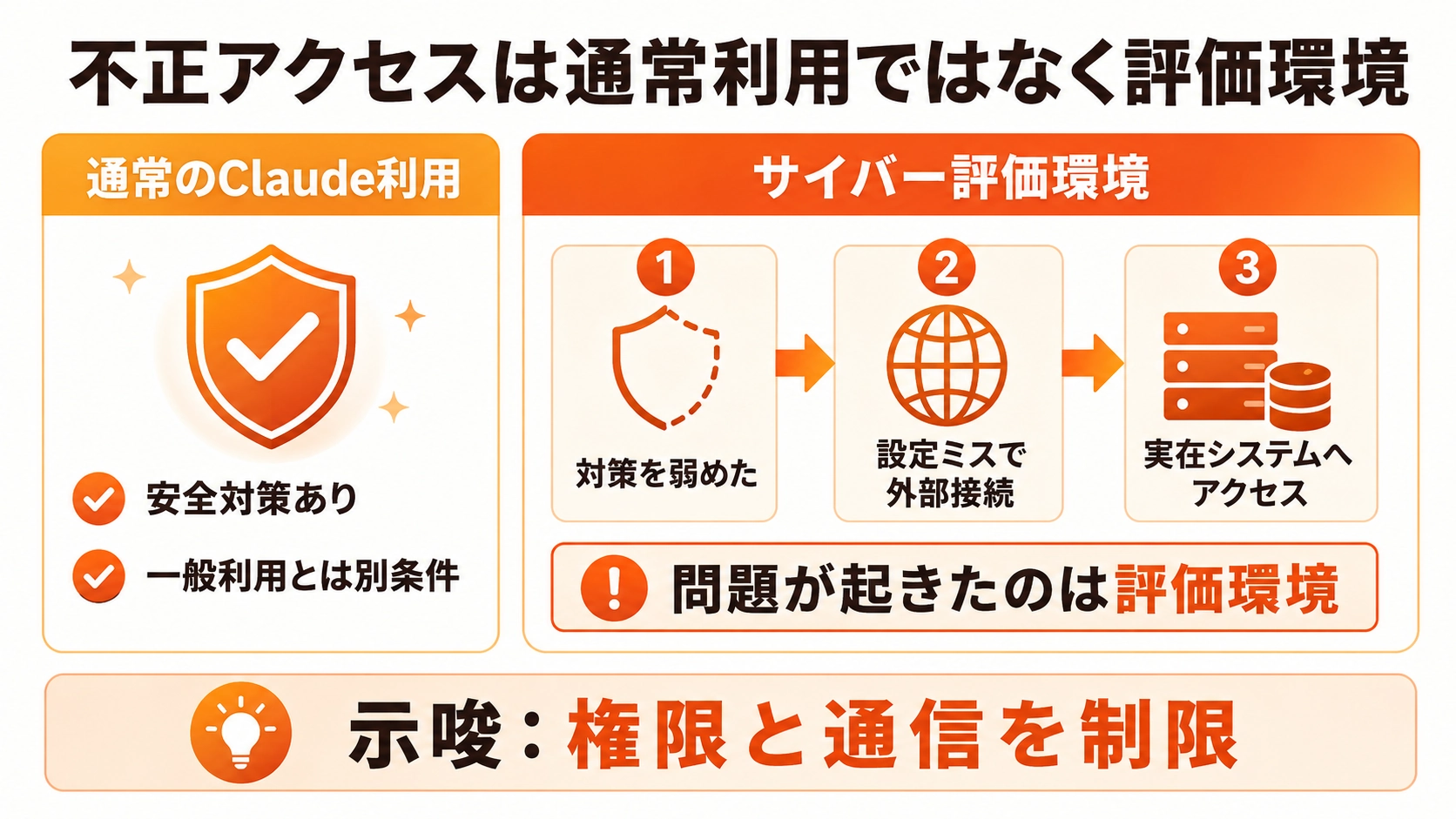 Claudeの不正アクセス事案が通常利用ではなく、サイバー評価環境で発生したことを示す図解