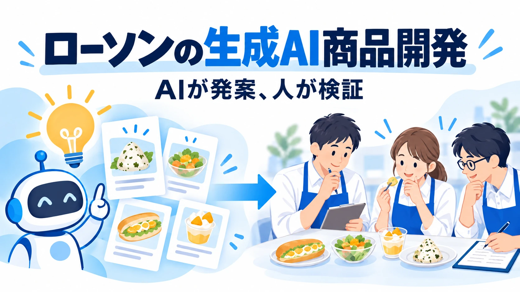 AIのアイデアを人が検討して商品化へ進める様子を表したアイキャッチ画像