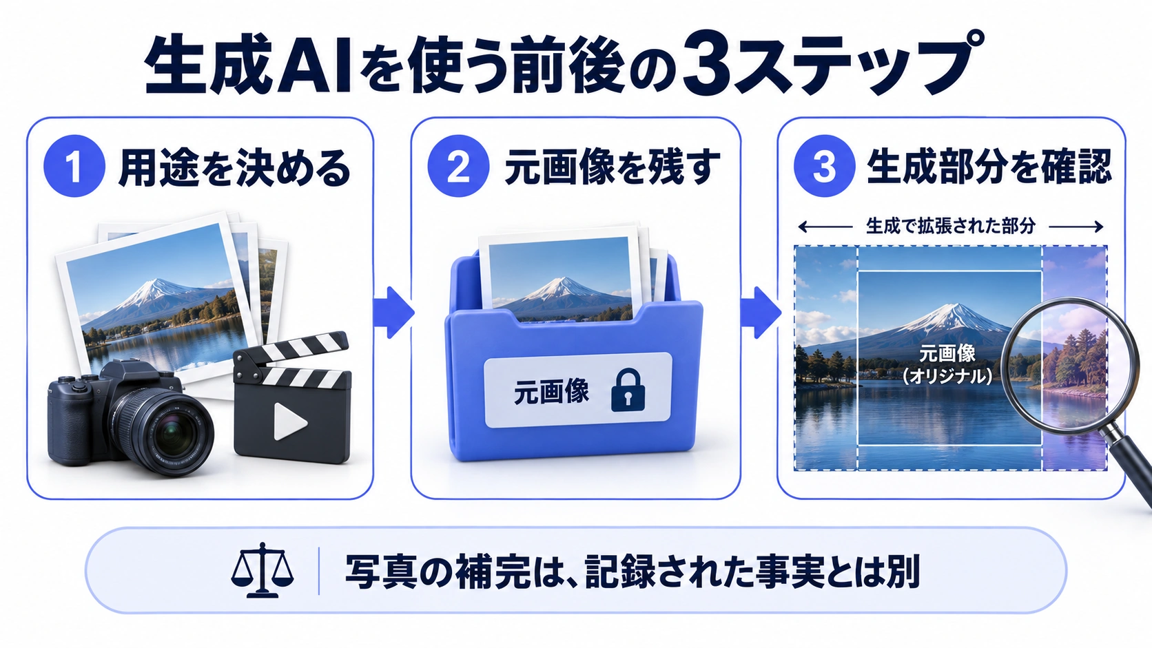 用途を決め、元画像を残し、生成された部分を確認する3段階を示す図