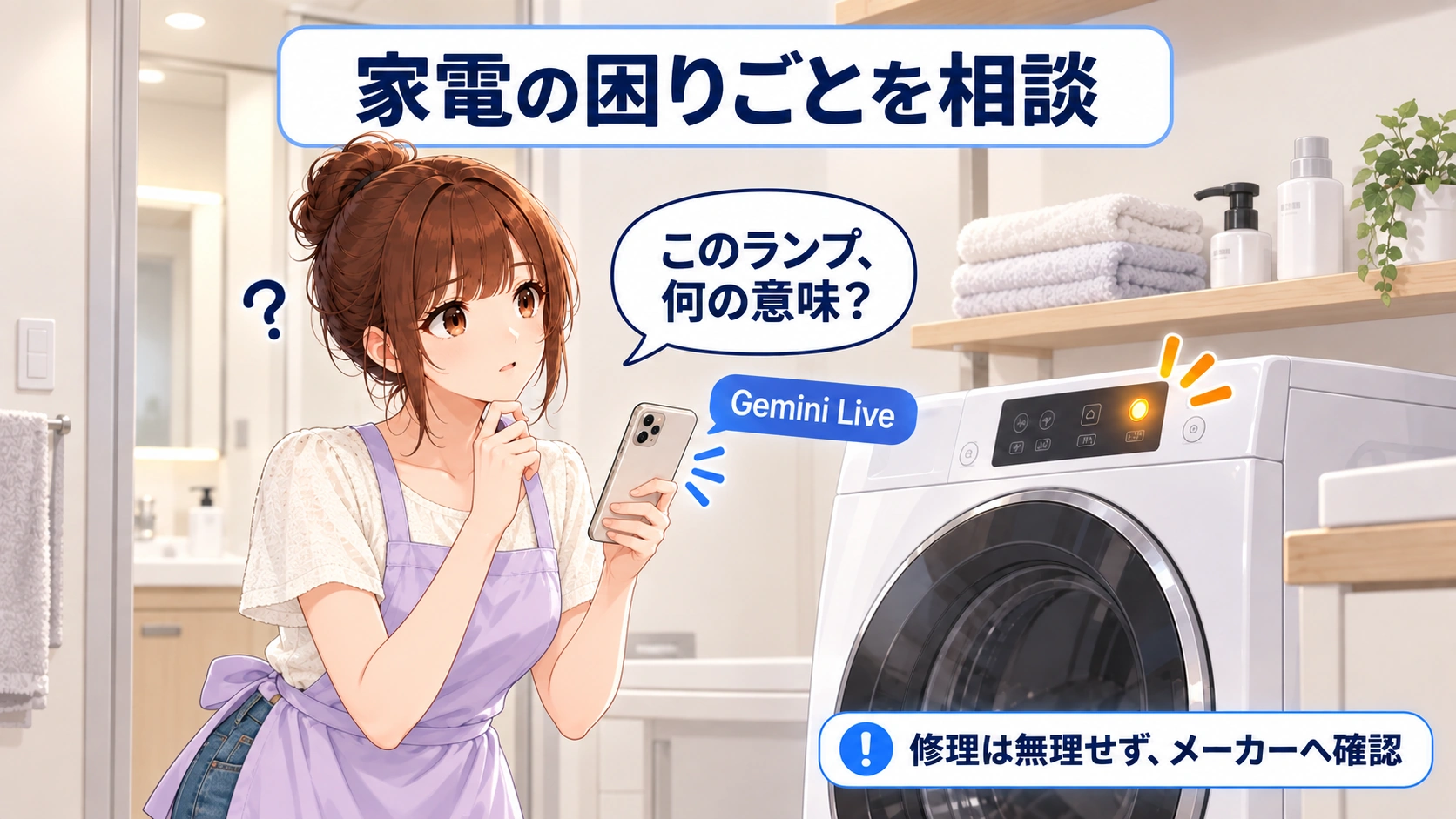 洗濯機の点灯ランプに困り、スマートフォンでGemini Liveに相談するさくらこ。