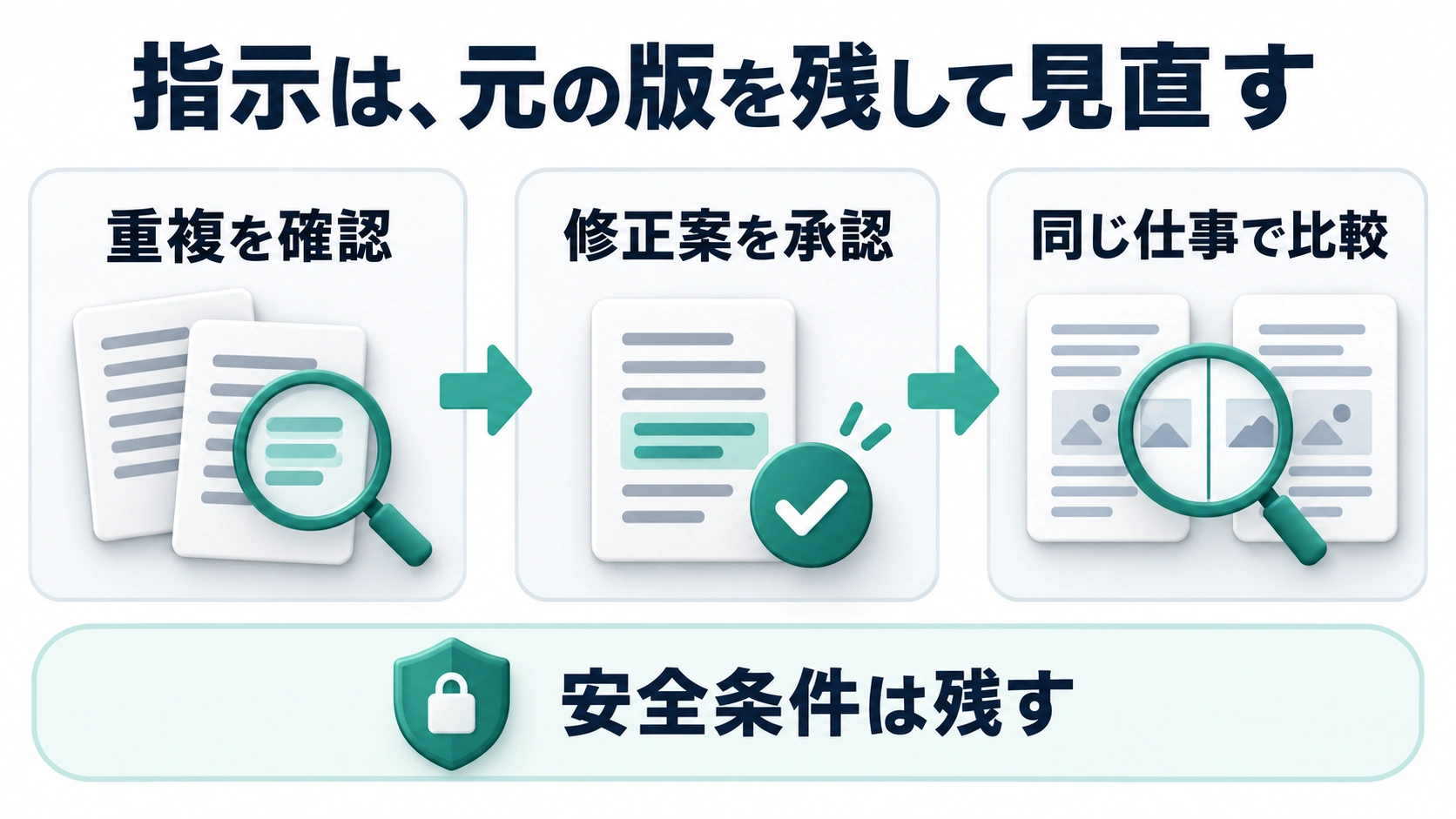 重複を確認 → 修正案を承認 → 同じ仕事で比較を示す手順図