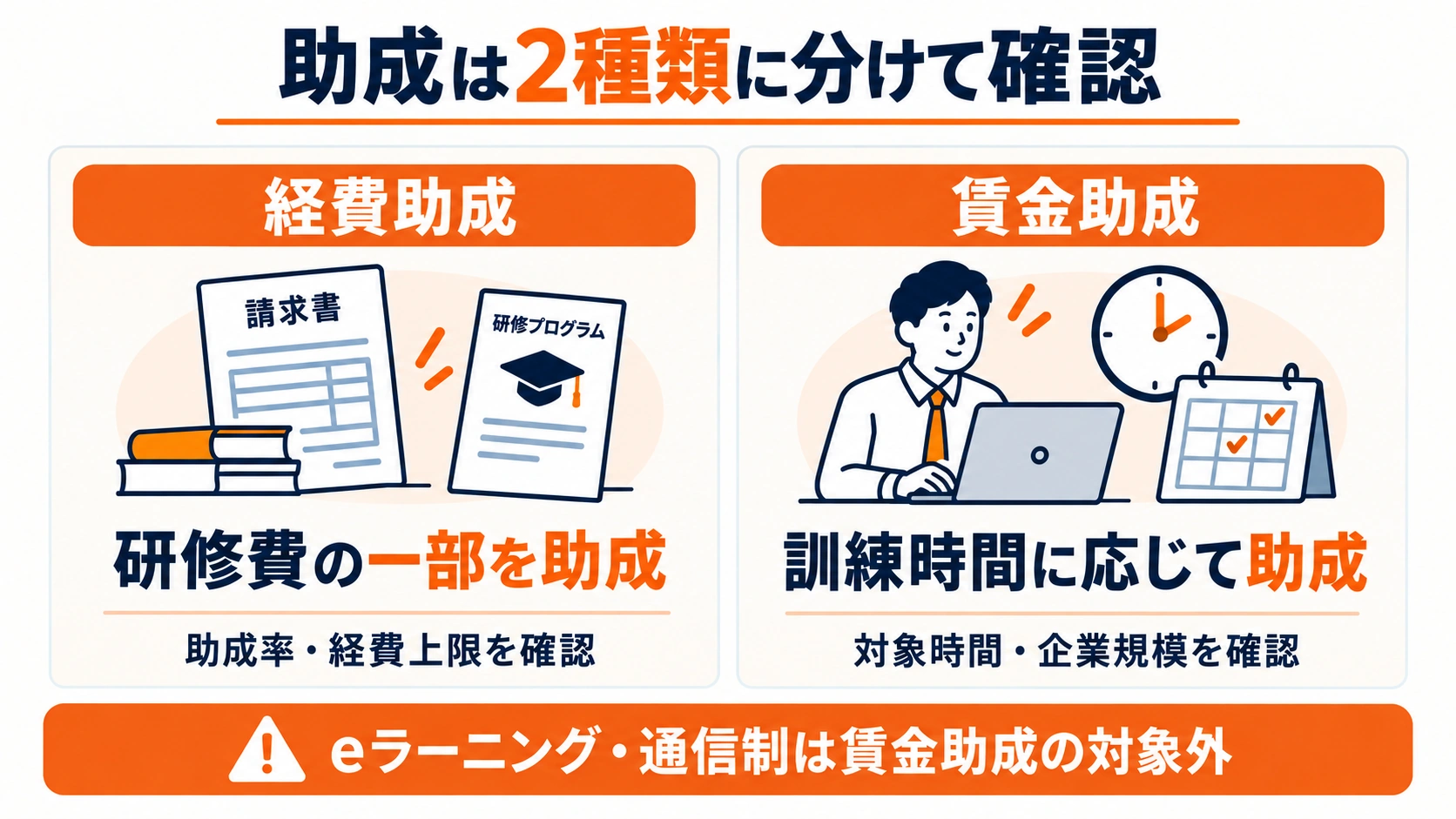 経費助成と賃金助成の違いとして、研修費の一部と訓練時間に応じた助成、確認項目を比較した図