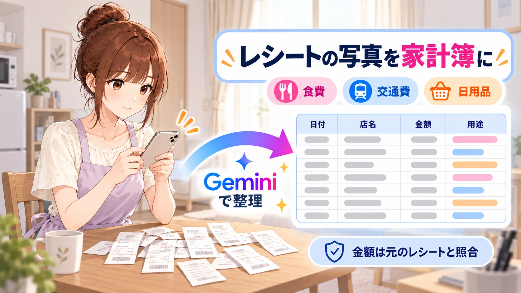 レシートをスマートフォンで読み取り、日付・店名・金額・用途を家計簿に整理するさくらこ。