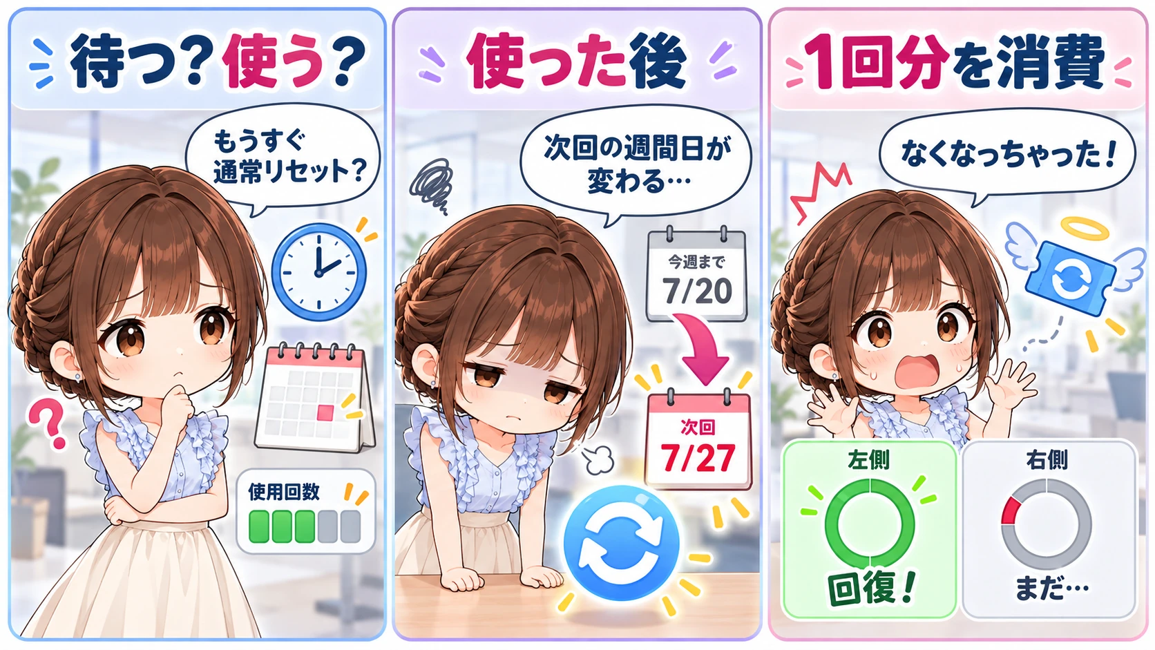 完全リセットを使う前後と1回分を消費した状態を、週間リセット日と左右の利用枠の回復状況で示した図