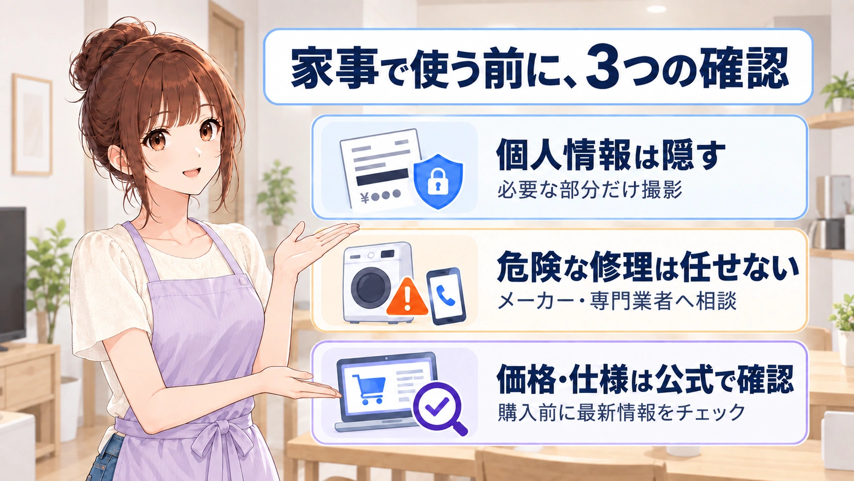 個人情報を隠すこと、危険な修理を任せないこと、価格や仕様を公式情報で確認することを説明するさくらこ。