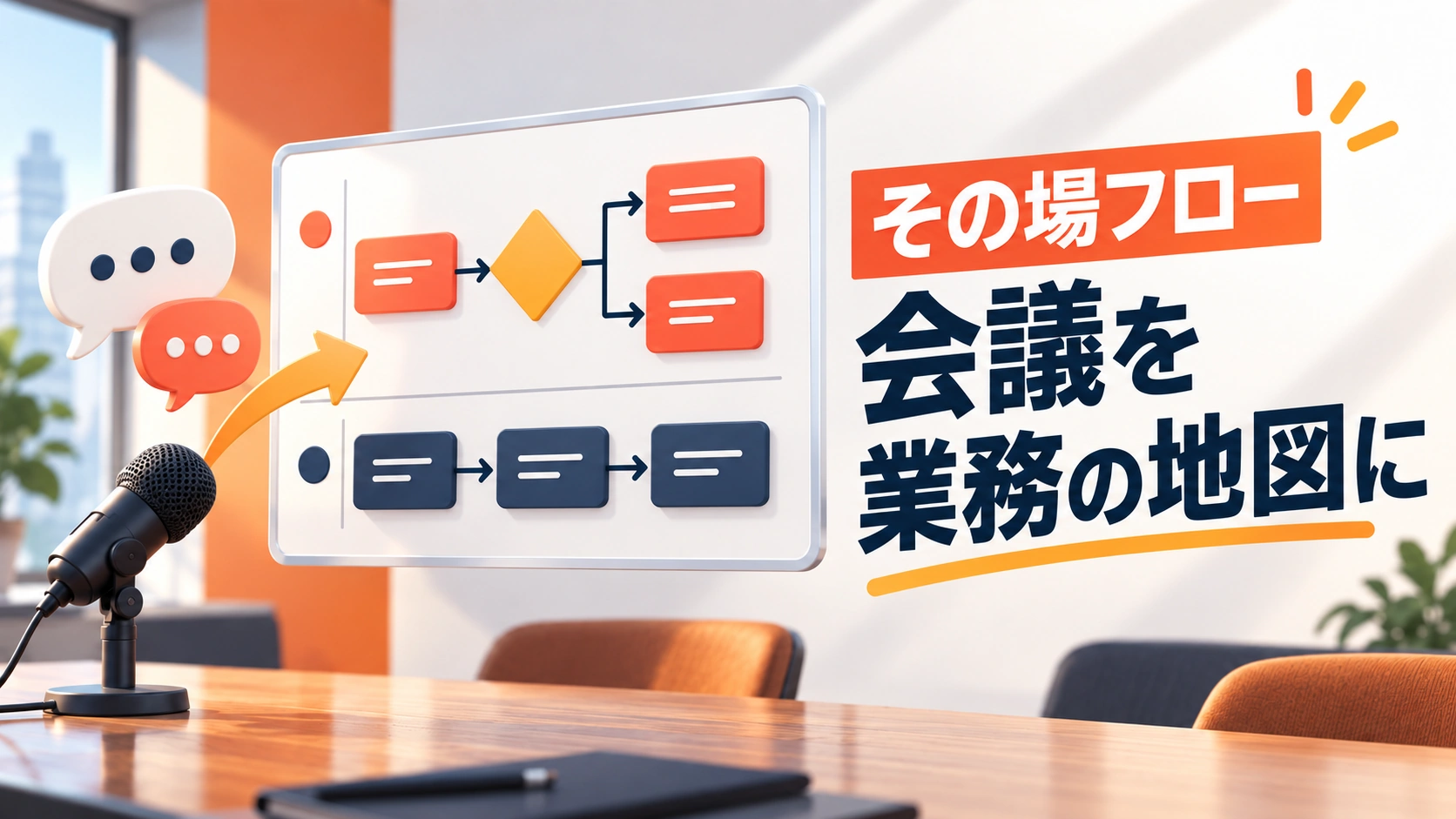 その場フローとは？会議の発言を業務フロー図にする機能と確認手順をテーマにしたアイキャッチ画像