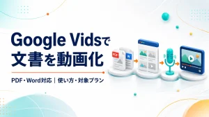 Google VidsでPDFやWord文書を動画化する方法と対象プランを紹介するアイキャッチ画像