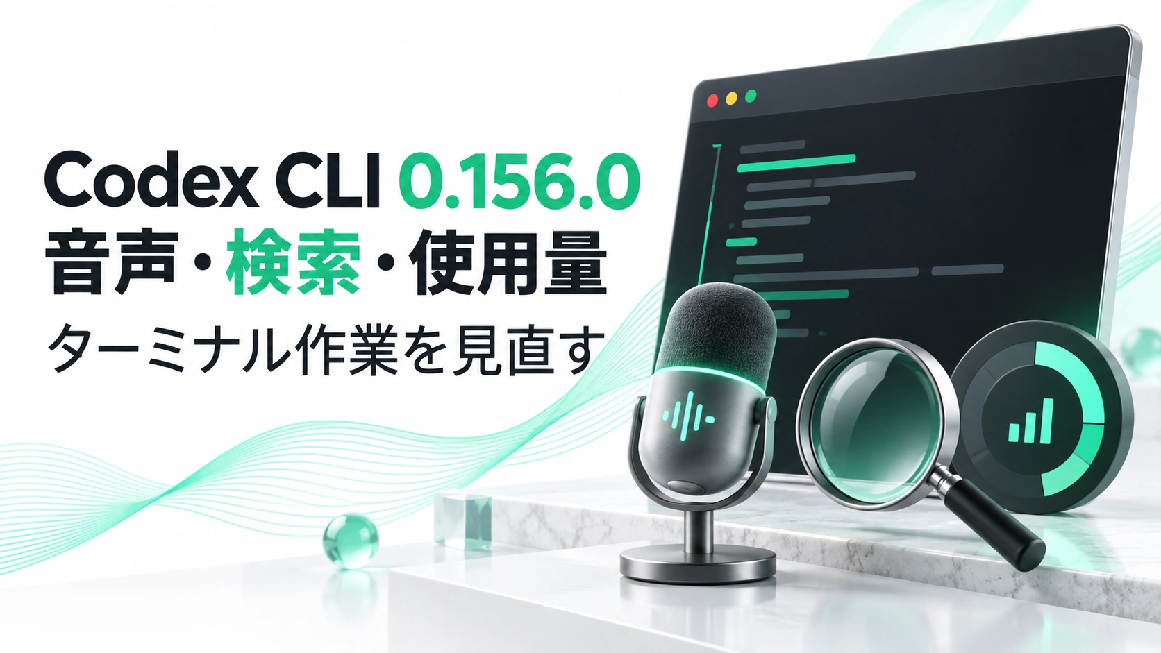 ターミナルと音声・検索・利用量のモチーフでCodex CLI 0.156.0を紹介するアイキャッチ画像