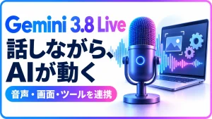Gemini 3.8 Liveの音声会話、画面理解、ツール実行をマイクと画面で表す