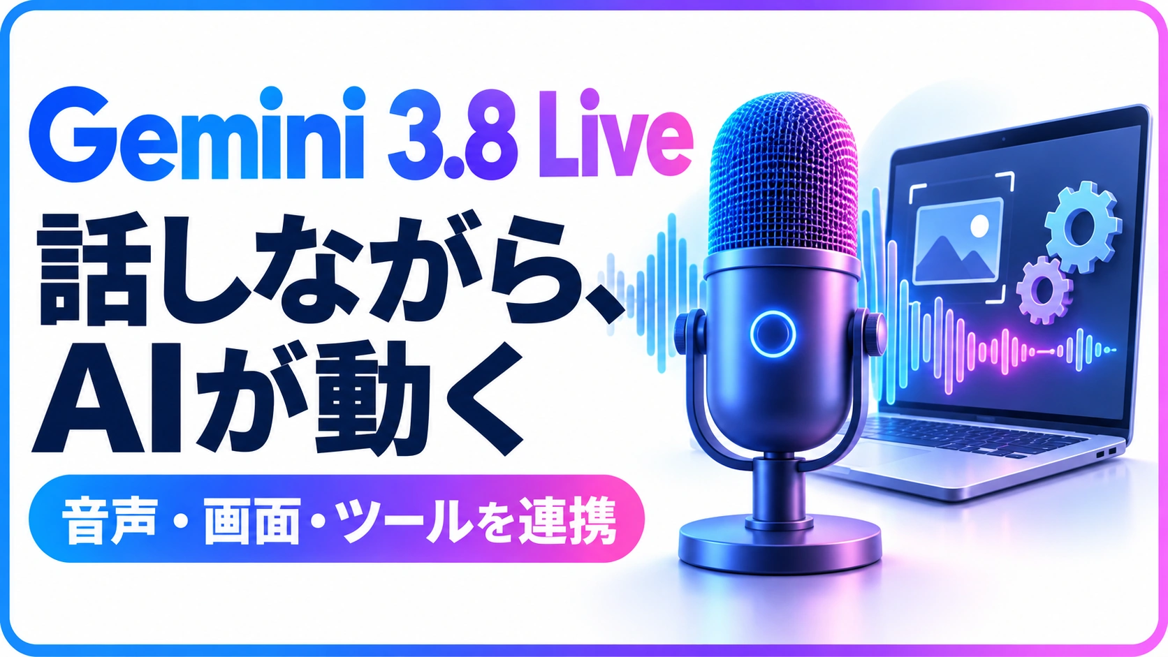Gemini 3.8 Liveの音声会話、画面理解、ツール実行をマイクと画面で表す