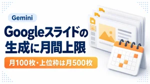 GeminiによるGoogleスライド生成の月100枚と上位枠月500枚の上限を示すアイキャッチ