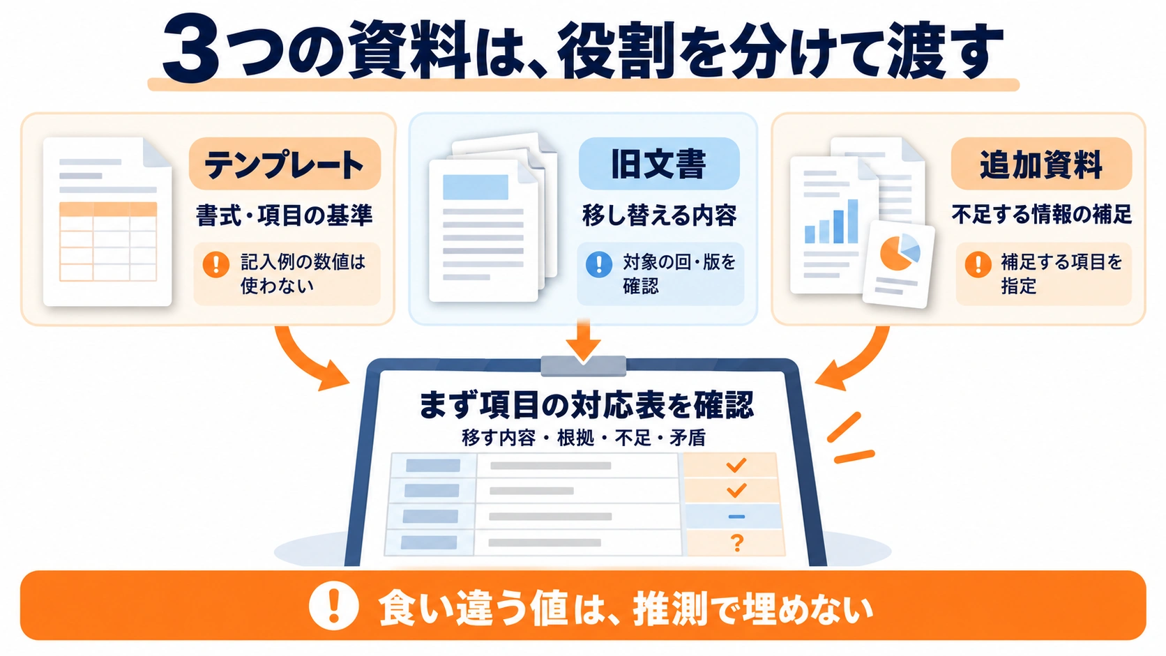 テンプレートは書式の基準、旧文書は内容の根拠、追加資料は不足の補足として、項目の対応表を確認する図。