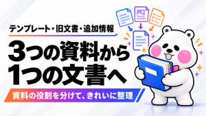 AIで3つの資料を1つの文書へ。テンプレート・旧文書・追加情報の渡し方を伝えるアイキャッチ。ミフオが登場するのアイキャッチ画像