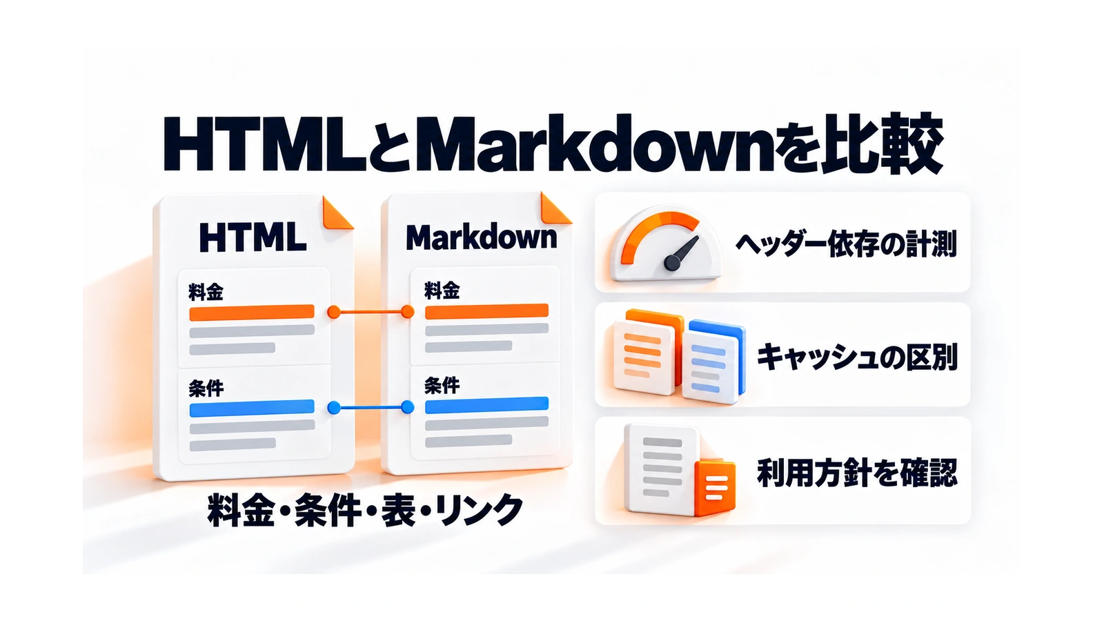 CloudflareのHTMLとMarkdownを比較、料金・条件・表・リンク、ヘッダー依存の計測、キャッシュの区別、利用方針を確認