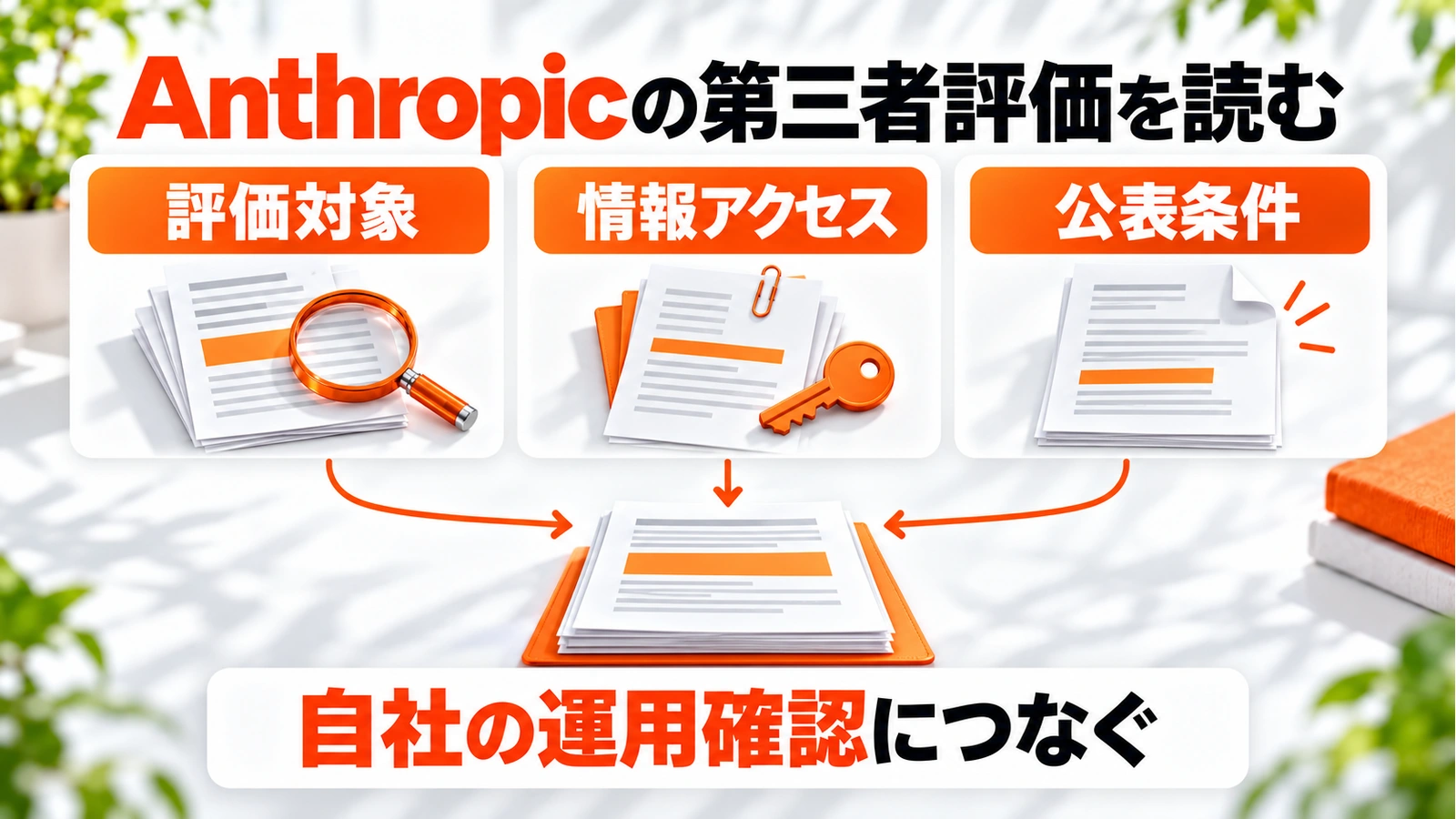 Anthropicの第三者評価を読む。評価対象／情報アクセス／公表条件。自社の運用確認につなぐ