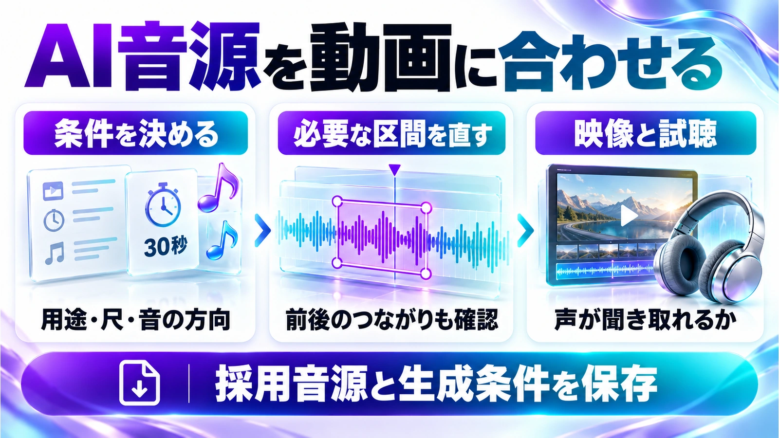 AudioのAI音源を動画に合わせる。条件を決める → 必要な区間を直す → 映像と試聴