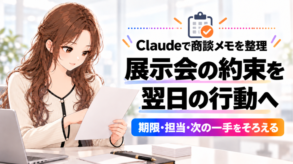 「展示会の商談メモをAIで整理。翌営業日に動けるフォローリストの作り方」のアイキャッチ画像