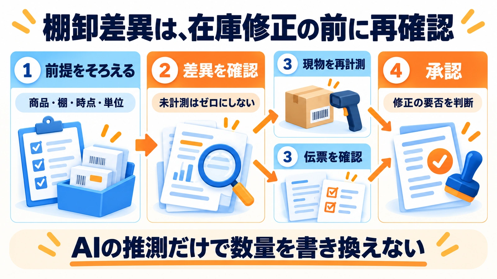 AIを使って棚卸の前提をそろえ、差異を確認し、現物の再計測と伝票確認へ分岐して、承認後に修正の要否を判断する図