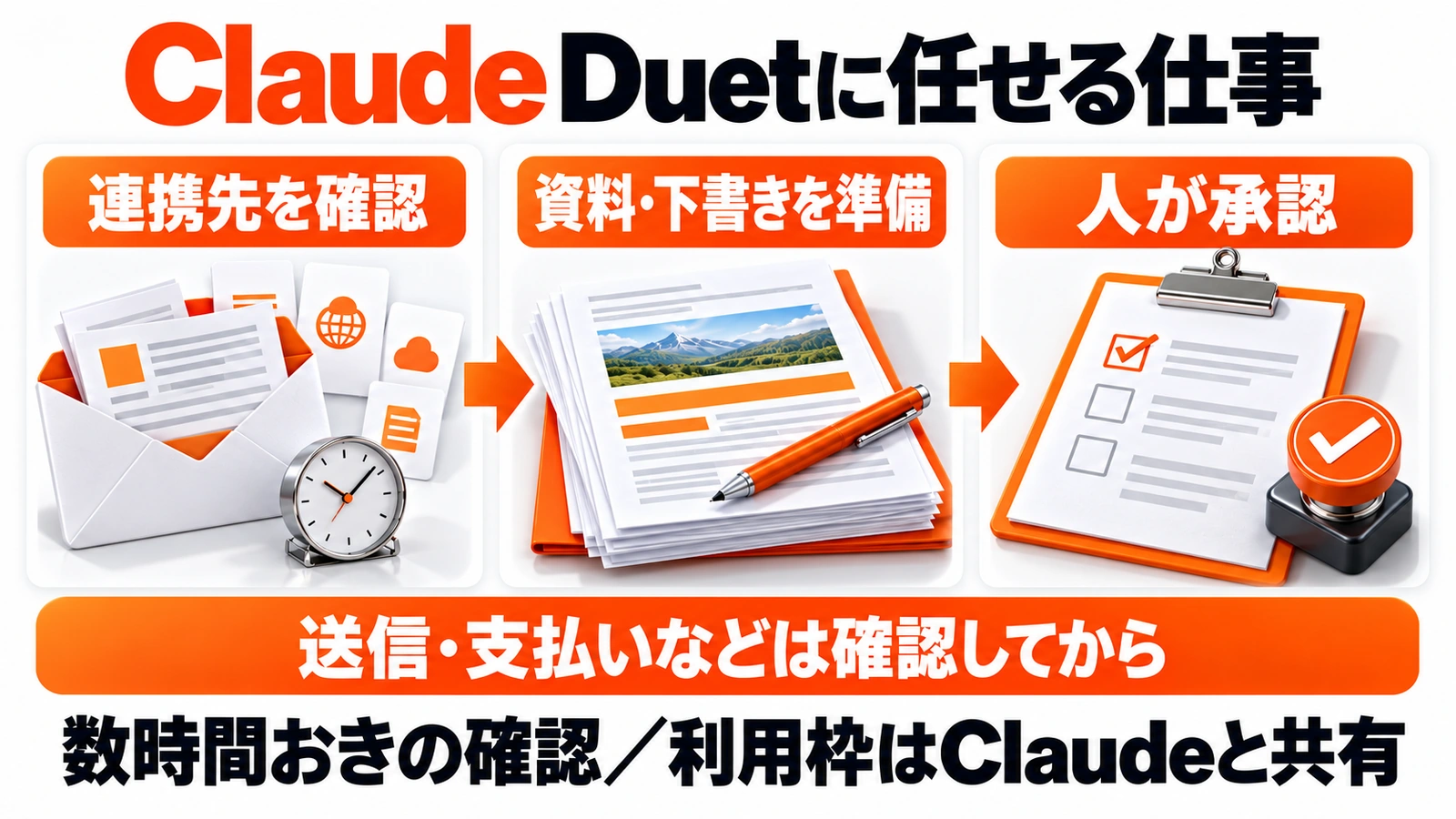 Claude Duetに任せる仕事、連携先を確認 → 資料・下書きを準備 → 人が承認、送信・支払いなどは確認してから、数時間おきの確認／利用枠はClaudeと共有