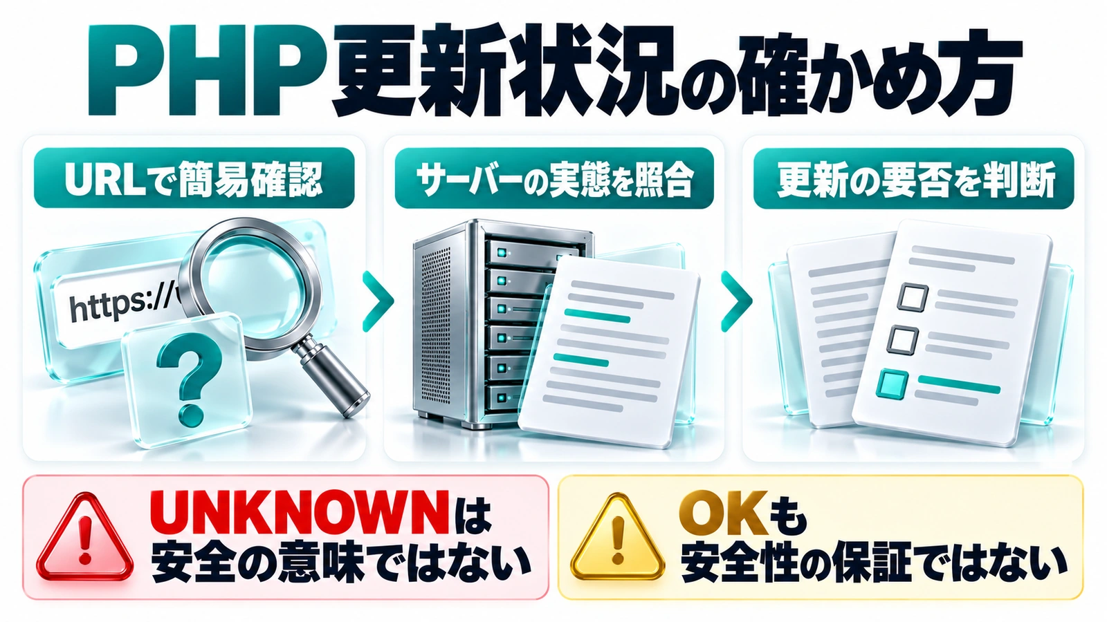 PHP更新状況の確かめ方、URLで簡易確認 → サーバーの実態を照合 → 更新の要否を判断、UNKNOWNは安全の意味ではない、OKも安全性の保証ではない