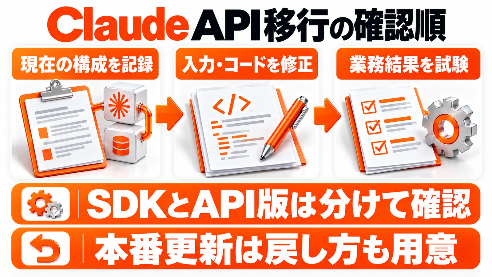 Claude API移行の確認順、現在の構成を記録 → 入力・コードを修正 → 業務結果を試験、SDKとAPI版は分けて確認、本番更新は戻し方も用意