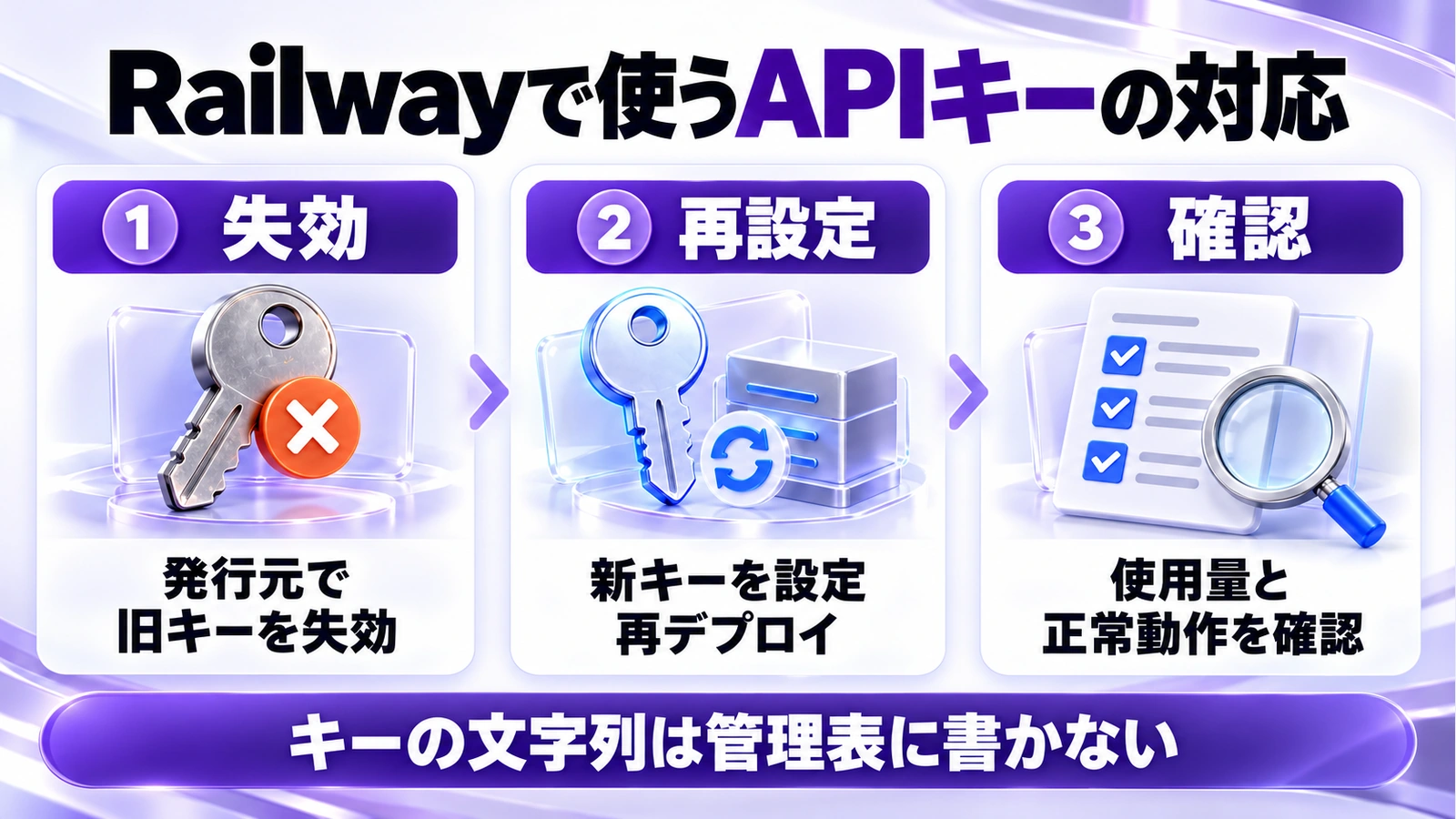 Railwayで使うAPIキーの対応、発行元で旧キーを失効、新キーを設定・再デプロイ、使用量と正常動作を確認、キーの文字列は管理表に書かない
