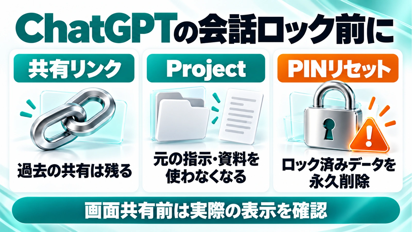ChatGPTの会話ロック前に、共有リンク：過去の共有は残る、Project：元の指示・資料を使わなくなる、PINリセット：ロック済みデータを永久削除、画面共有前は実際の表示を確認