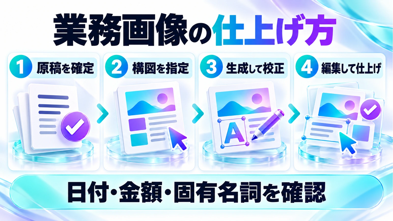 原稿を確定 → 構図を指定 → 生成して校正 → 編集して仕上げ。日付・金額・固有名詞を確認